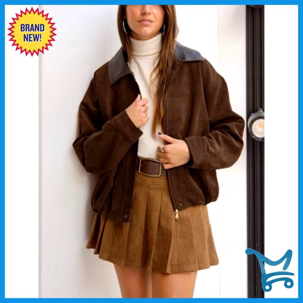 Oversized Faux Suede Bomber Jacket Cropped Lapel Zip Up Streetwear - Picture 2 of 6